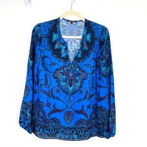 Kobi Halperin Womens Floral Silk Blouse Top Size S Blue Long Sleeve‎ Boho V Neck